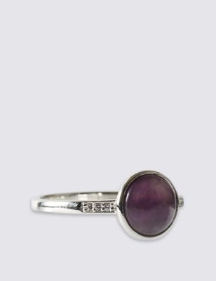 Sterling Silver Ring with Domed Cabochon Amethyst & Cubic Zirconia Stones